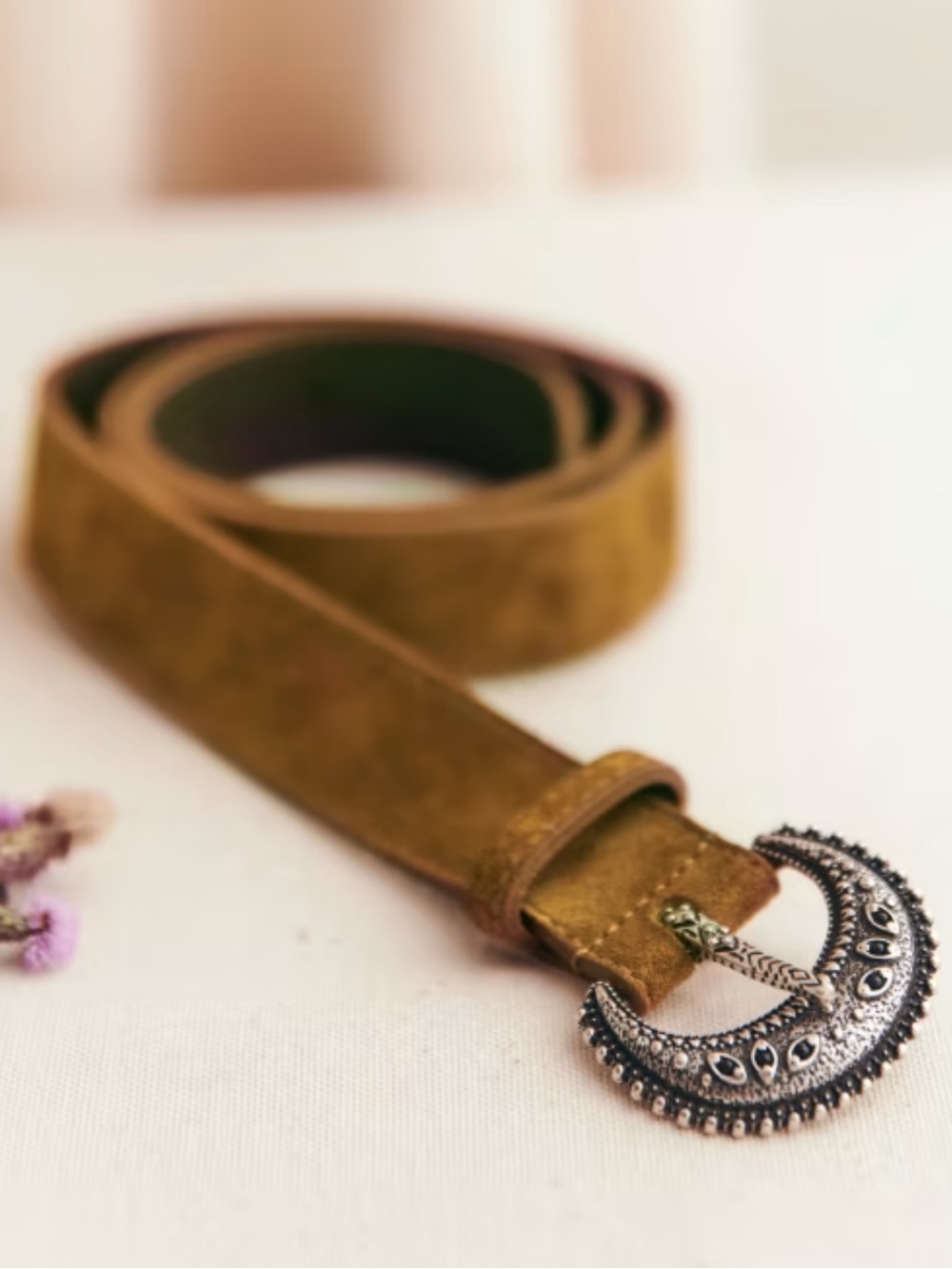 Sezane Olive Suede Belt with Decorative Silver-Tone Crescent Buckle